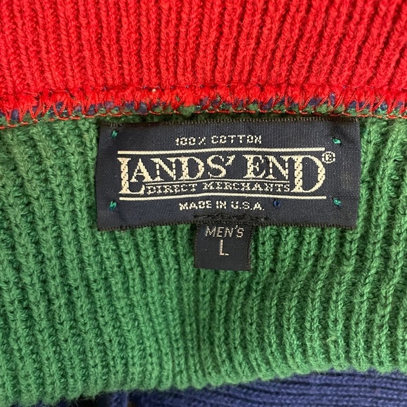 VTG Land's End Men's L Colorblock Cotton Pullover Sweater Green Stripe Henley - Picture 4 of 4